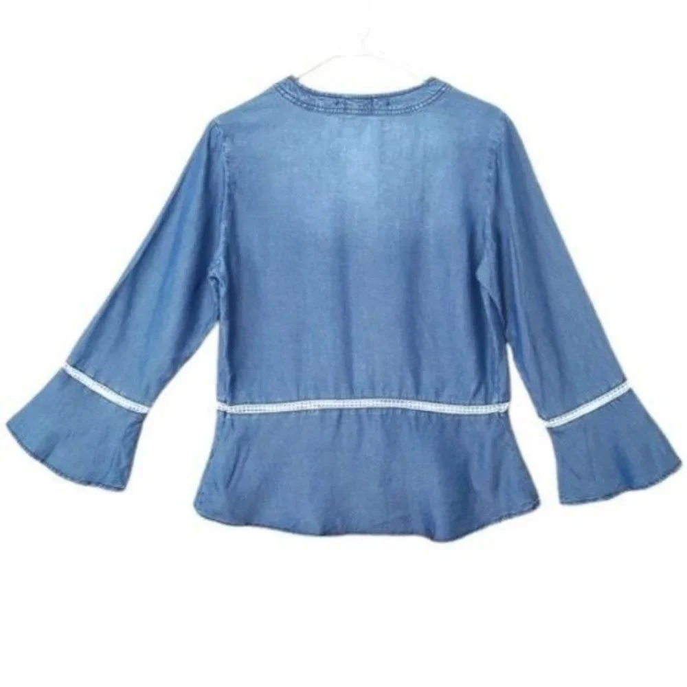 Madeline & Monroe Blouse Blue Chambray, Bell Sleeves Top Size S